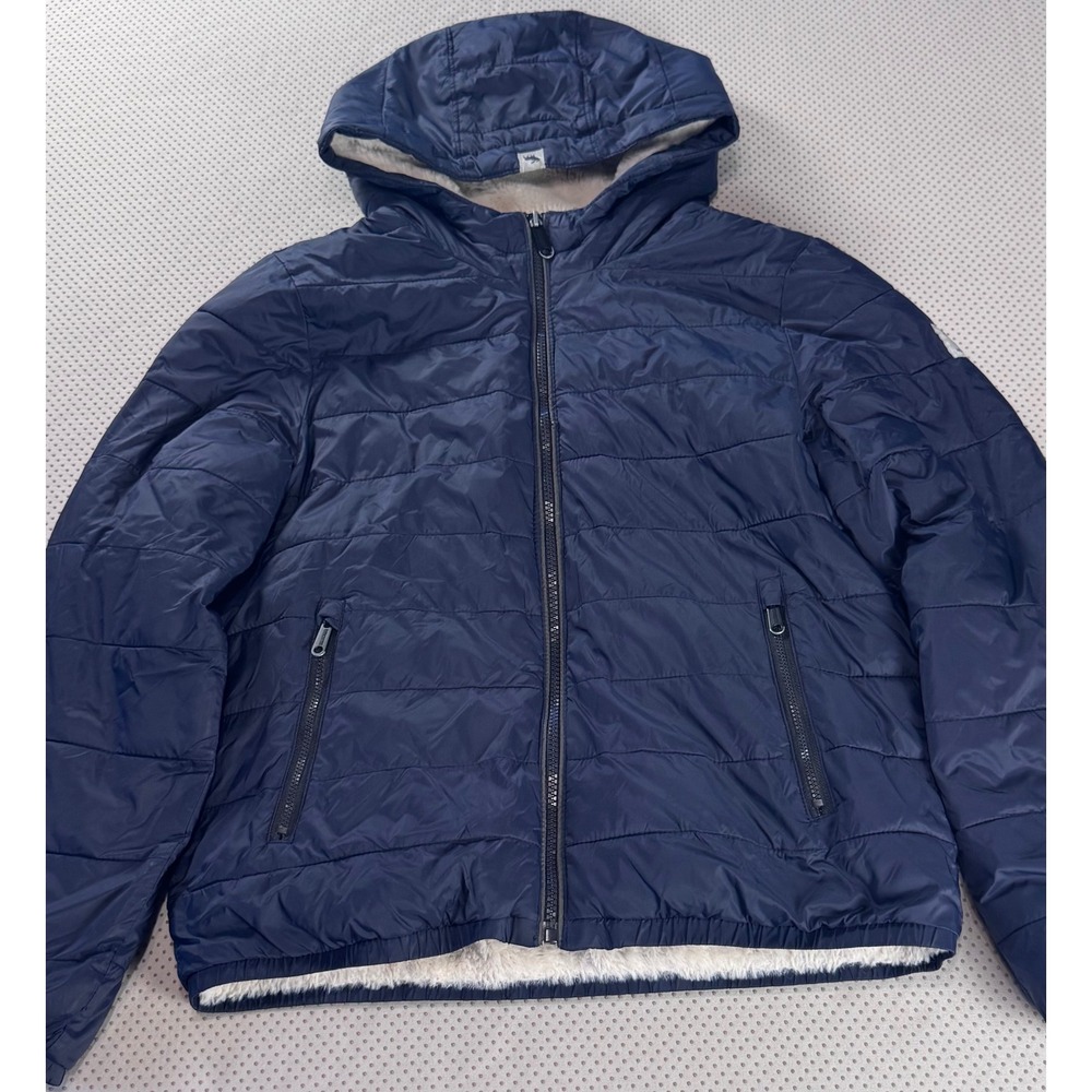 Abercrombie Kids Navy Blue Puffer Jacket Faux Fur Lined Hooded Coat Size 13/14